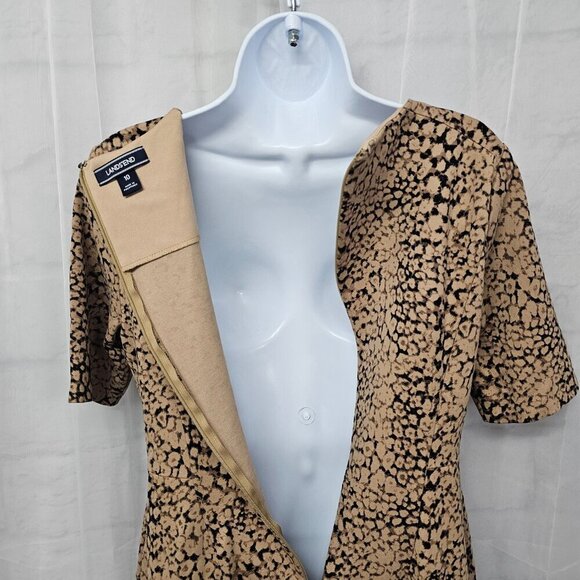 Lands" End Tan Black Animal Print Jersey Fit & Flare Dress Office Preppy 10 - Picture 10 of 15
